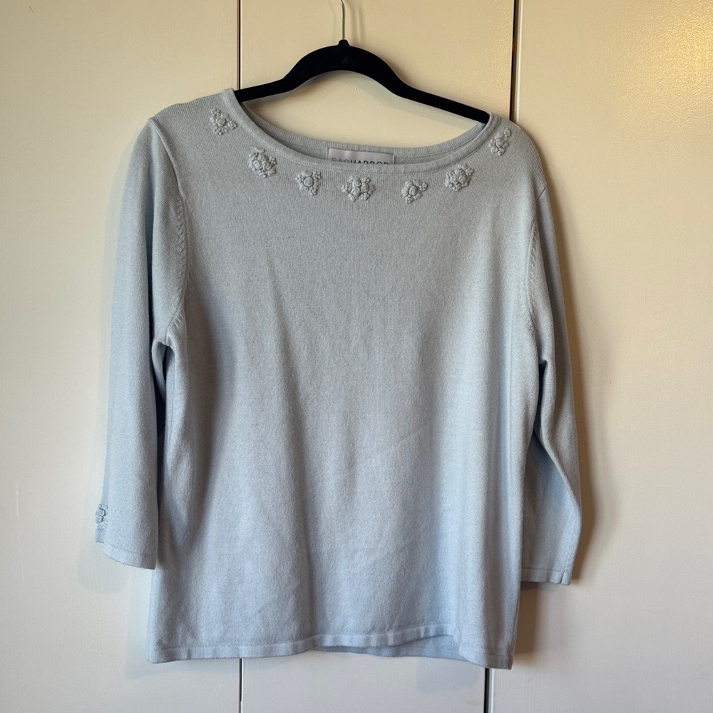 Sag Harbor Light Blue Sweater with Floral Embellishments